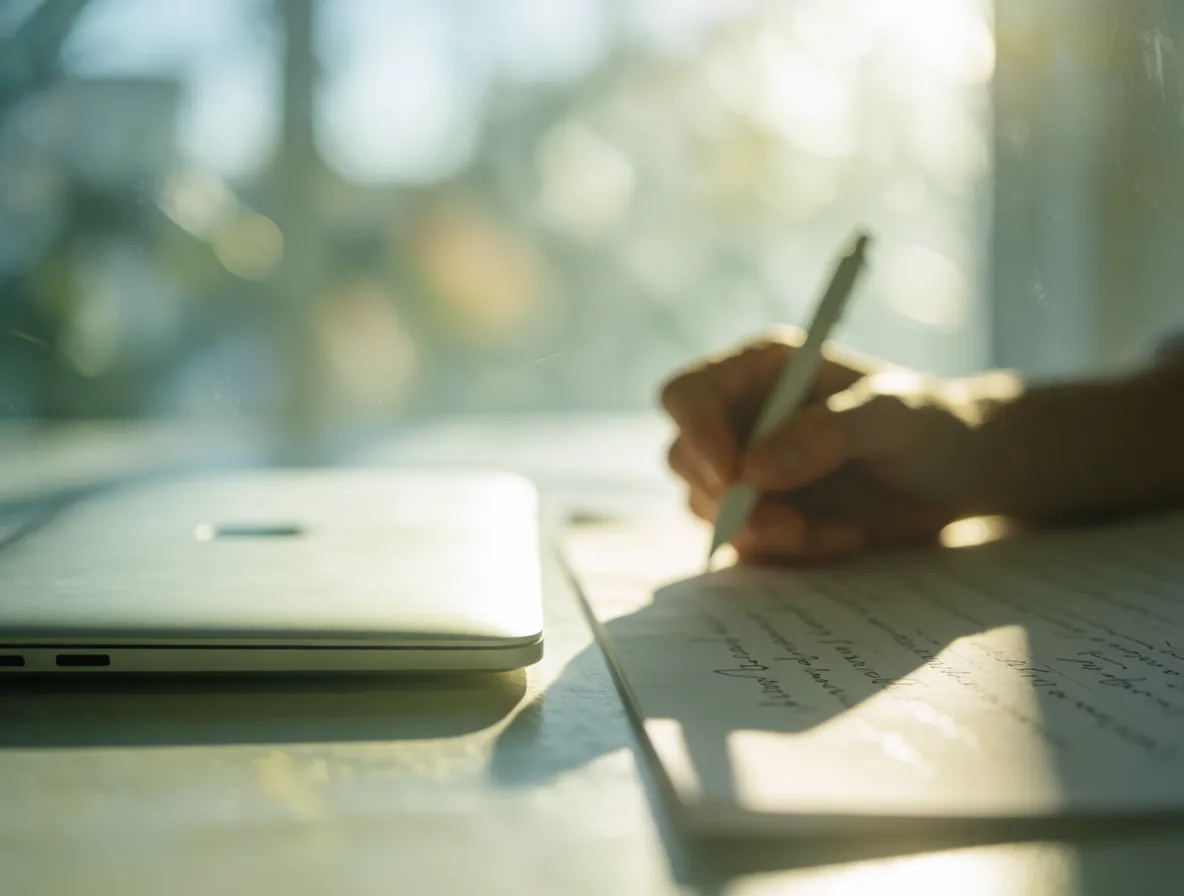 A hand writing beside a laptop